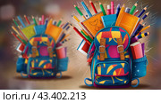 Vibrant Backpack Filled with School Supplies.Generated image. Стоковое AI-изображение, AI-художник Margarita Davchenko / Фотобанк Лори
