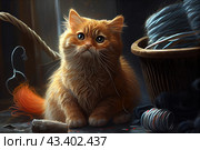 Cute red kitten with long fluffy hair and large expressive eyes. A kitten sits on the floor in a room surrounded by various craft items. To the right of the kitten is a wicker basket with balls of blue yarn. In front of the kitten lies a ball of yarn, metal buttons and pieces of fabric. The kitten looks up, its muzzle expresses curiosity and attention. The light coming from the window highlights the softness and fluffiness of his coat, creating a cozy and homely atmosphere. Стоковое AI-изображение, AI-художник Анна Кривицкая / Фотобанк Лори