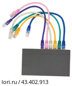 Сетевой коммутатор с подключенными разноцветными сетевыми кабелями. Closeup of network cables connected to router on white. Стоковое фото, фотограф Татьяна Д / Фотобанк Лори