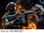 Portrait of special forces soldier man in uniform of tactical Units of Police with weapon at dark black background. Explosion, smoke and fire sparks. Urban problems unrest concept. Copy ad text space. Стоковое AI-изображение, AI-художник Aleksandr Golubev / Фотобанк Лори