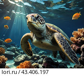 Яркий тропический мир кораллового рифа. Черепаха. The vibrant tropical world of the coral reef. Стоковое AI-изображение, AI-художник Гер Олег / Фотобанк Лори