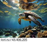 Яркий тропический мир кораллового рифа. Черепаха. The vibrant tropical world of the coral reef. Стоковое AI-изображение, AI-художник Гер Олег / Фотобанк Лори