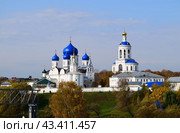 Замок Андрея Боголюбского и Церковь Рождества Богородицы. Осенний пейзаж на фоне голубого неба. Боголюбово, 2019 год. Стоковое фото, фотограф Photolart / Фотобанк Лори