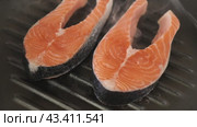 Grilled salmon fillets seasoned with black pepper are cooked on a grill. Стоковое видео, видеограф Яков Филимонов / Фотобанк Лори