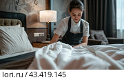 A woman makes the bed in a hotel room. The concept of hotel service. Стоковое AI-изображение, AI-художник Ярославский Максим / Фотобанк Лори
