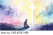 A penitent sinner before the Cross of Christ. Watercolor illustration. Стоковое AI-изображение, AI-художник Ярославский Максим / Фотобанк Лори