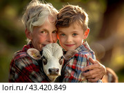Портрет на природе, бабушка с внуком и с теленком. Стоковое AI-изображение, AI-художник Щеголева Ольга / Фотобанк Лори