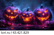 Three Illuminated Jack OLanterns On A Dark Halloween Night. Стоковое AI-изображение, AI-художник Сергей Толмачёв / Фотобанк Лори