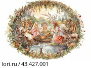 Scene of a folk festival, made in watercolor technique. In the center of the composition is a group of people dressed in traditional costumes. They sit at a round table decorated with flowers and fruits, symbolizing abundance and fertility. Around the table you can see many forest animals such as deer, hares and goats, which emphasizes the unity of man with nature. The background is filled with green trees and vegetation, creating an atmosphere of comfort and harmony. The upper part of the composition is framed by a garland of leaves and flowers, which adds completeness to the image and focuses attention on the central scene. Стоковое AI-изображение, AI-художник Анна Кривицкая / Фотобанк Лори