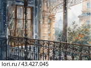 View from the balcony of an old house. The balcony is decorated with elegant metal grilles with ornate patterns. The pillar supporting the roof of the balcony is also made in a decorative style. Behind the balcony you can see the architecture of neighboring buildings with columns and large windows. In the foreground you can see a window with a curtain, giving the scene a cozy and homely atmosphere. Outside the window you can see a garden with green trees, creating a contrast with the architectural elements. The painting was made in watercolor technique using soft pastel colors, which adds tenderness and romance to the image. Стоковое AI-изображение, AI-художник Анна Кривицкая / Фотобанк Лори