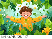 Ребенок радуется летнему дождю. Стоковое AI-изображение, AI-художник Щеголева Ольга / Фотобанк Лори