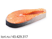 Fresh raw trout steak isolated on white background, sharpness throughout the frame. Стоковое фото, фотограф Сергей Чайко / Фотобанк Лори