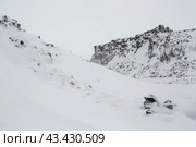 Зимний горный арктический пейзаж. Заснеженные склоны гор и скал. Суровая северная природа полярного региона. Холодная снежная погода. Сопка Верблюжья (также известна как гора Верблюжка), Анадырь, Чукотка, Россия. Стоковое фото, фотограф Андрей Степанов / Фотобанк Лори