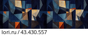 Abstract panoramic background. A picturesque ornament of multi-colored geometric shapes and a grainy texture in shades of dark blue and orange. Wide background with seamless pattern. Generative AI. Стоковое AI-изображение, AI-художник Андрей Степанов / Фотобанк Лори