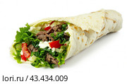 Taco Mexican Tortilla Wrap with Chicken Isolated on White Background. Стоковое AI-изображение, AI-художник Ярославский Максим / Фотобанк Лори