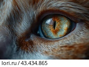 Close-up of an animal's eye, probably a cat or fox. The eye has a pronounced pupil surrounded by a multi-colored iris, ranging from blue to gold and orange. The details of the eye and the fur around it are rendered with high clarity, the smallest hairs and skin texture are visible. This macro photograph highlights the beauty and mystery of the animal world, allowing you to see details that usually go unnoticed. Стоковое AI-изображение, AI-художник Анна Кривицкая / Фотобанк Лори