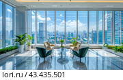 The living room is brightened by many windows with a beautiful view of the cityscape. Стоковое AI-изображение, AI-художник Юрий Поздников / Фотобанк Лори