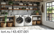 Modern Laundry Room With White Washers and Wooden Shelves. Стоковое AI-изображение, AI-художник Сергей Толмачёв / Фотобанк Лори
