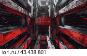 Futuristic industrial interior with cyberpunk elements. The space is made up of many metal structures, pipes and panels, creating a sense of depth and perspective. The central part of the image is illuminated with red light, which contrasts with the dark metallic surfaces and creates a dramatic effect. In the distance, small luminous points are visible, reminiscent of lights or electronic indicators, adding a technogenic atmosphere. Overall, the image conveys a feeling of a cold and technological world, perhaps the interior of a spaceship or a high-tech factory. Стоковое AI-изображение, AI-художник Анна Кривицкая / Фотобанк Лори