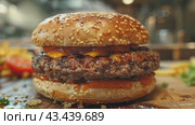 Sliced tasty juicy double beef cheese burger with fresh lettuce, tomatoes, onions, pickles and melted cheese stacked high, gourmet fast food, restaurant menus, hamburger sandwich with special sauces. Стоковое AI-видео, аниматор Ирина Михайличенко / Фотобанк Лори