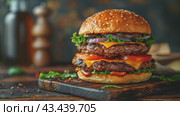 Sliced tasty juicy double beef cheese burger with fresh lettuce, tomatoes, onions, pickles and melted cheese stacked high, gourmet fast food, restaurant menus, hamburger sandwich with special sauces. Стоковое AI-видео, аниматор Ирина Михайличенко / Фотобанк Лори
