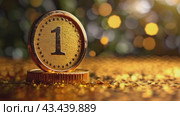 Gold medal for first place in competition on festive background with confetti, Golden symbol of winner, celebration, sport competition, champion games. Стоковое AI-видео, аниматор Ирина Михайличенко / Фотобанк Лори