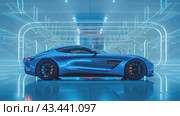 Luxury modern blue car parked at local dealership salon, on the mirror surface of an abstract geometric structure in a high-tech style. Automobiles for sale, rent, car showroom, copy space, ad. Стоковое AI-видео, аниматор Ирина Михайличенко / Фотобанк Лори