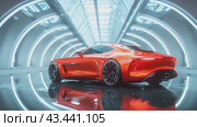 Luxury red modern car parked at local dealership salon, on the mirror surface of an abstract geometric structure in a high-tech style. Automobiles for sale, rent, car showroom, copy space, ad. Стоковое AI-видео, аниматор Ирина Михайличенко / Фотобанк Лори