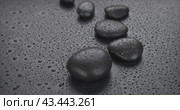 Капли дождя падают на черные камни, образующие зигзагообразный узор на черном фоне. Камни Дзен в каплях воды. Начало и конец дождя. Фон дзен. Крупный план. Стоковое видео, видеограф Александр Собко / Фотобанк Лори