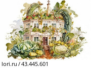 An old house made in watercolor technique, surrounded by a variety of vegetables and herbs. The house is decorated with green plants that literally wrap around its façade and roof. In the foreground you can see large cabbage, zucchini and other vegetables. The painting creates a sense of harmony between man and nature and emphasizes the importance of gardening and organic farming. Стоковое AI-изображение, AI-художник Анна Кривицкая / Фотобанк Лори