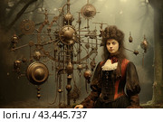 Young woman in steampunk style standing next to a large complex mechanism. She is dressed in a corset dress with Victorian fashion elements, decorated with lace and ribbons. The mechanism consists of many gears, chains, hands and other parts, giving the appearance of a complex device or watch. The background is made in muted colors, creating an atmosphere of mystery and enigma. The entire composition immerses you in the atmosphere of a steampunk universe, combining elements of the Victorian era and fantastic technology. Стоковое AI-изображение, AI-художник Анна Кривицкая / Фотобанк Лори