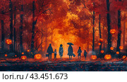 Silhouettes of Family Walking Through Fall Forest With Jack OLanterns. Стоковое AI-изображение, AI-художник Сергей Толмачёв / Фотобанк Лори