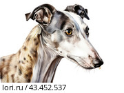 Portrait of a greyhound dog, made using watercolor painting technique. The dog has a thin, elegant muzzle with long ears, large expressive eyes and smooth, short fur colored in light brown and white. The background of the image is white, which emphasizes the details of the picture and gives the portrait special sophistication and grace. Стоковое AI-изображение, AI-художник Анна Кривицкая / Фотобанк Лори