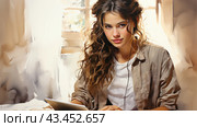 Young woman with long curly hair sitting by the window with a tablet in her hands. She is dressed in casual clothes: a white T-shirt and shirt. She has headphones in her ears, giving the impression that she is listening to music or a podcast. Her gaze is directed directly, creating a feeling of involvement and concentration. The background is made in light colors, which emphasizes the gentle and cozy lighting of the stage. This image is ideal for themes related to learning, work, technology, youth and modern lifestyle. Стоковое AI-изображение, AI-художник Анна Кривицкая / Фотобанк Лори