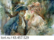 Romantic scene between a man and a woman in 18th century style. The man is dressed in a blue suit with a white scarf and a cocked hat decorated with feathers. A woman in an elegant dress with ruffles and a large hat decorated with flowers. They stand close to each other, holding hands, against a backdrop of green foliage and sunlight filtering through the trees. Their faces express tenderness and mutual attraction. Стоковое AI-изображение, AI-художник Анна Кривицкая / Фотобанк Лори