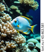 Vibrant orange white yellow blue red reef fish swim through coral reef. Sun rays pierce sea water. Variety of animal. Ecology hydrosphere. Anthropogenic factor influencing death of coral reefs. AI. Стоковое AI-изображение, AI-художник Юлия Петровская / Фотобанк Лори
