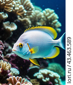Vibrant orange white yellow blue red reef fish swim through coral reef. Sun rays pierce sea water. Variety of animal. Ecology hydrosphere. Anthropogenic factor influencing death of coral reefs. AI. Стоковое AI-изображение, AI-художник Юлия Петровская / Фотобанк Лори