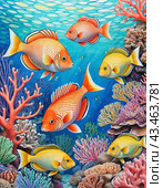 Vibrant orange white yellow blue red reef fish swim through coral reef. Sun rays pierce sea water. Variety of animal. Ecology hydrosphere. Anthropogenic factor influencing death of coral reefs. AI. Стоковое AI-изображение, AI-художник Юлия Петровская / Фотобанк Лори
