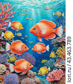 Vibrant orange white yellow blue red reef fish swim through coral reef. Sun rays pierce sea water. Variety of animal. Ecology hydrosphere. Anthropogenic factor influencing death of coral reefs. AI. Стоковое AI-изображение, AI-художник Юлия Петровская / Фотобанк Лори