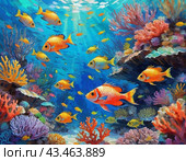 Vibrant orange white yellow blue red reef fish swim through coral reef. Sun rays pierce sea water. Variety of animal. Ecology hydrosphere. Anthropogenic factor influencing death of coral reefs. AI. Стоковое AI-изображение, AI-художник Юлия Петровская / Фотобанк Лори