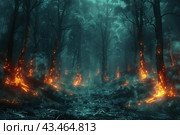 Forest fire at night. Fiery tongues of flame engulf the tree trunks, illuminating the forest with an ominous red-orange light. There is a lot of smoke visible around, creating a foggy atmosphere and increasing the feeling of danger and destruction. The dark silhouettes of the trees and dense vegetation create a contrast with the bright flames, emphasizing the drama of the scene. This image symbolizes the destructive power of nature and the danger of forest fires. Стоковое AI-изображение, AI-художник Анна Кривицкая / Фотобанк Лори
