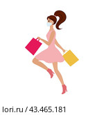 A beautiful girl in a pink dress and a medical mask runs to the store to buy at a discount sale. Vector flat cartoon illustration. Drawing for an advertising banner for a clothing and cosmetics store. Стоковая иллюстрация, иллюстратор Полина Екимова / Фотобанк Лори