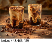 Two Iced Coffees with Swirling Cream. Стоковое AI-изображение, AI-художник Кирилл Черезов / Фотобанк Лори