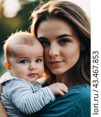A mother lovingly gazes at her infant baby, holding the child close in her arms. Cute infant child is calm. Love of mother and child. Happy childhood. Family relationships, motherhood and fertility. Стоковое AI-изображение, AI-художник Юлия Петровская / Фотобанк Лори