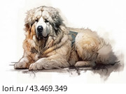 White dog of the Pyrenean mountain dog breed lying on the floor. The dog looks calm and majestic, its thick coat giving it an imposing appearance. The dog is wearing a working harness, which emphasizes his purpose as a protector and assistant. The animal's eyes look directly at the viewer, expressing peace and confidence. The background of the image is minimalist, which allows you to focus on the dog itself. The painting is made in a realistic manner, which adds expressiveness and depth to it. Стоковое AI-изображение, AI-художник Анна Кривицкая / Фотобанк Лори