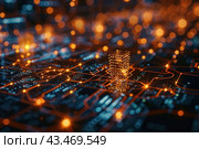 Abstract view of a microchip or computer circuit illuminated with bright orange and blue lights. The central element stands out as a miniature glowing cube surrounded by a complex network of lines and patterns reminiscent of a miniature urban infrastructure. The picture conveys a sense of technological progress and complex computational processes. Стоковое AI-изображение, AI-художник Анна Кривицкая / Фотобанк Лори