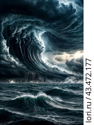 Dramatic scenery of giant tsunami waves at dark stormy sky background with tornado on urban skyline. Poster of meteorology eco climate problem. Apocalyptic scene, doomsday concept. Copy ad text space. Стоковое AI-изображение, AI-художник Aleksandr Golubev / Фотобанк Лори