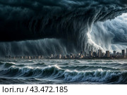 Dramatic scenery of giant tsunami waves at dark stormy sky background with tornado on urban skyline. Poster of meteorology eco climate problem. Apocalyptic scene, doomsday concept. Copy ad text space. Стоковое AI-изображение, AI-художник Aleksandr Golubev / Фотобанк Лори