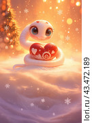 2025 cartoonish snake holding a heart in its mouth. The image has a playful and whimsical mood 3D. Стоковое AI-изображение, AI-художник Ekaterina Ismagilova / Фотобанк Лори