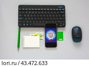 ANGARSK, IRKUTSK REGION, RUSSIA - July 04, 2024: Payment of taxes through taxpayer’s personal account and mobile application on phone using MIR bank card. Flat lay, copy space, top view. Редакционное фото, фотограф Виктория Катьянова / Фотобанк Лори